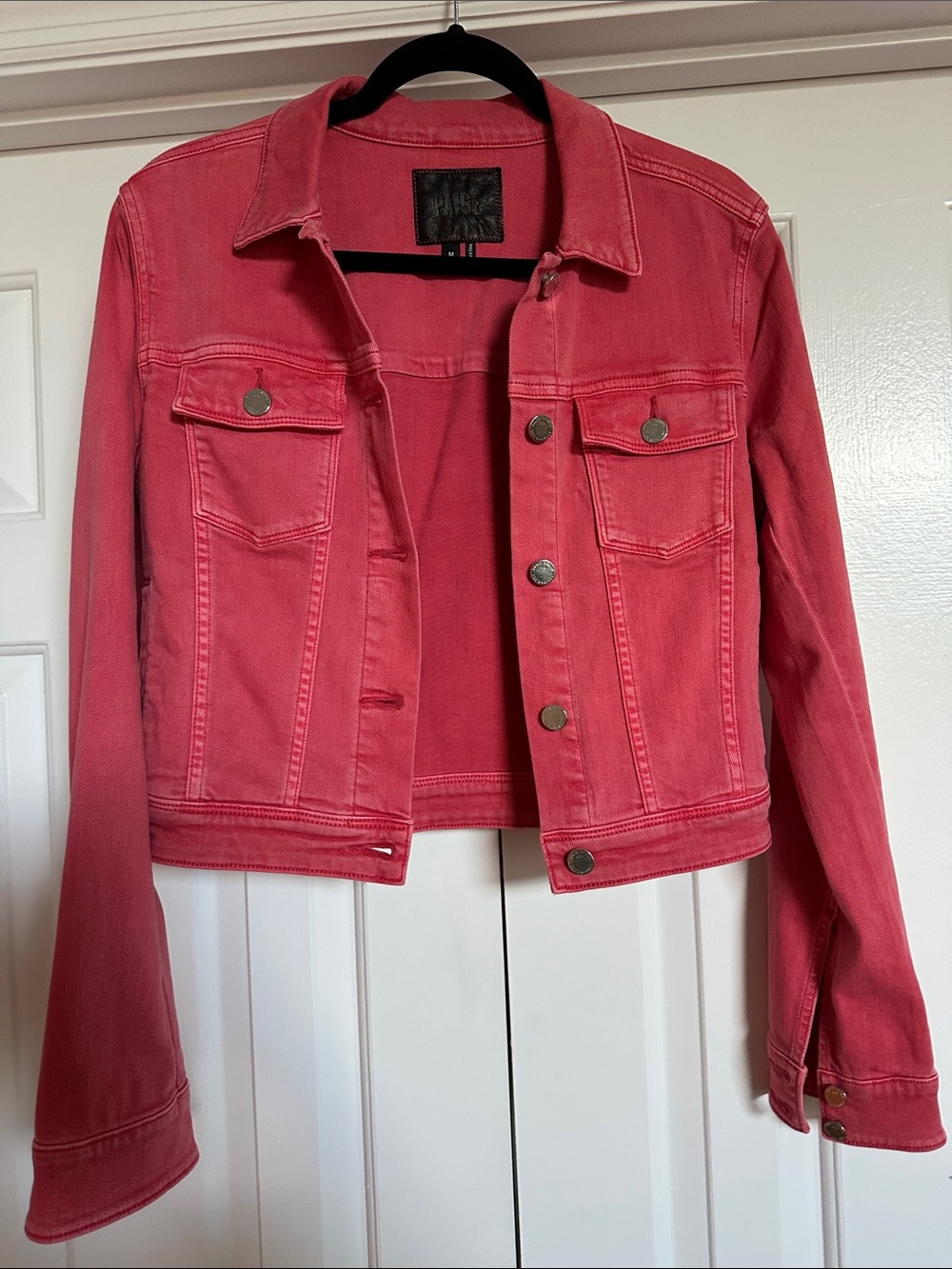 PAIGE Pink-Red Cropped Denim Jacket